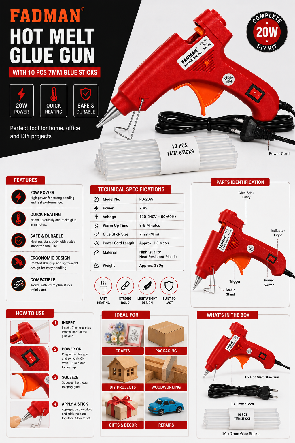 20W Hot Melt Glue Gun with 10 Pcs 7MM Glue Sticks | Mini Electric Adhesive Gun for DIY Crafts, Art, Repair & Home Projects (Red)