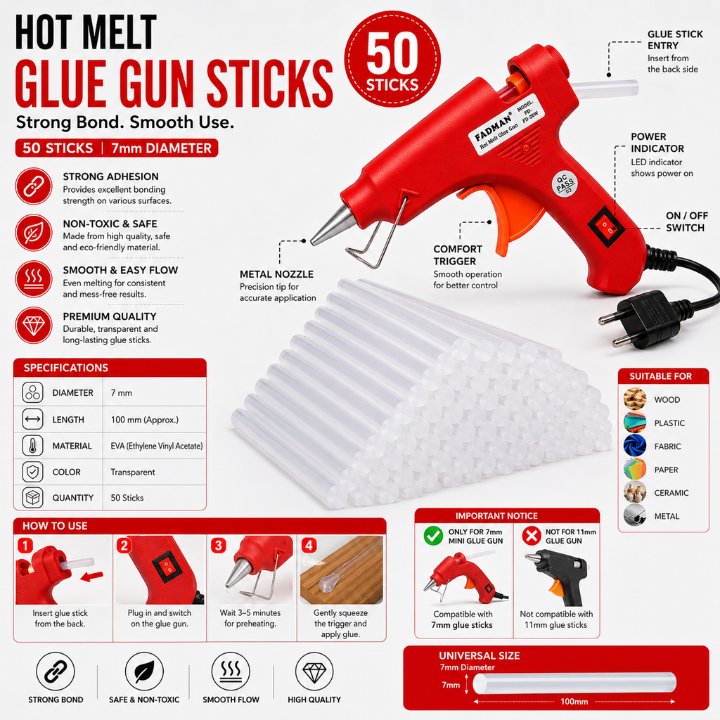 20W Hot Melt Glue Gun with 50 Pcs 7MM Glue Sticks | Mini Electric Adhesive Gun for DIY Crafts, Art, Repair & Home Projects (Red)