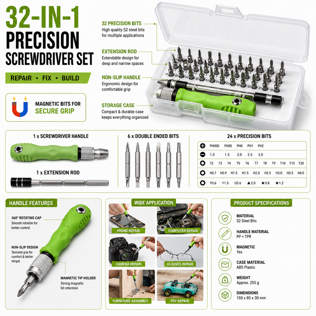 Precision Screwdriver Set 32 in 1 with Magnetic Bits, Interchangeable Handle & Extension Bar for Mobile Phone, Laptop, Camera, Electronics, Eyeglasses & Furniture Repair
