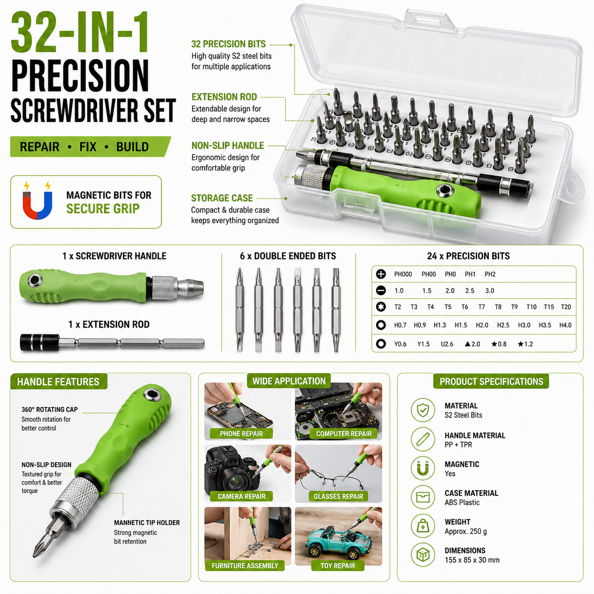 Precision Screwdriver Set 32 in 1 with Magnetic Bits, Interchangeable Handle & Extension Bar for Mobile Phone, Laptop, Camera, Electronics, Eyeglasses & Furniture Repair