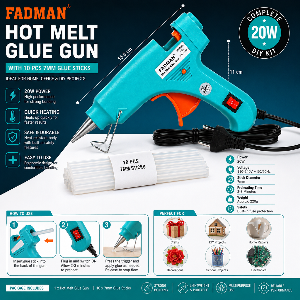 20W Hot Melt Glue Gun with 10 Pcs 7MM Glue Sticks | Mini Electric Adhesive Gun for DIY Crafts, Art, Repair & Home Projects (Turquoise)