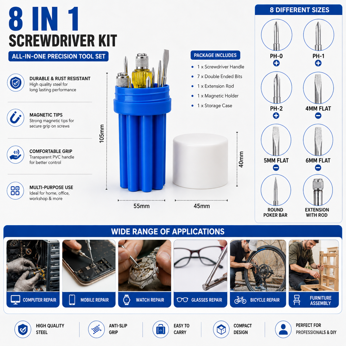 8-in-1 Screwdriver Set, Multi-Size Screwdriver Set with Interchangeable Phillips & Flat Head Bits, Extension Rod, High-Grade Steel Shafts & Transparent PVC Handle for Car, Computer, Workshop & Household Repair