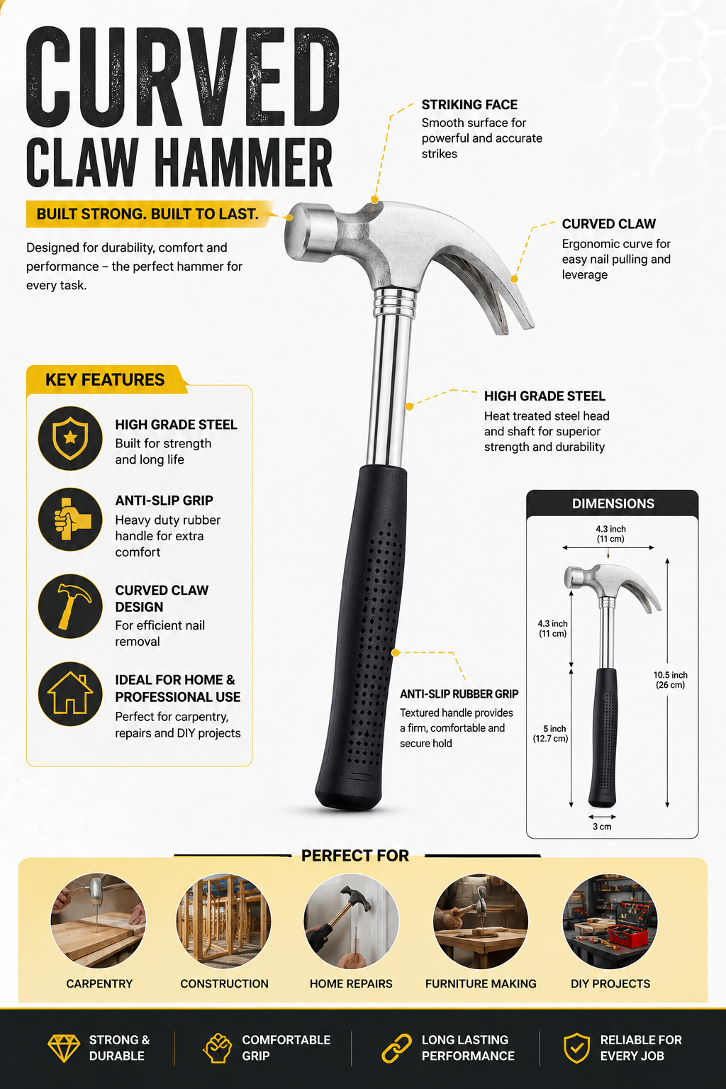 Heavy Duty Claw Hammer with Fiberglass Handle, Anti-Slip Grip for Carpentry, Woodworking, Construction & DIY
