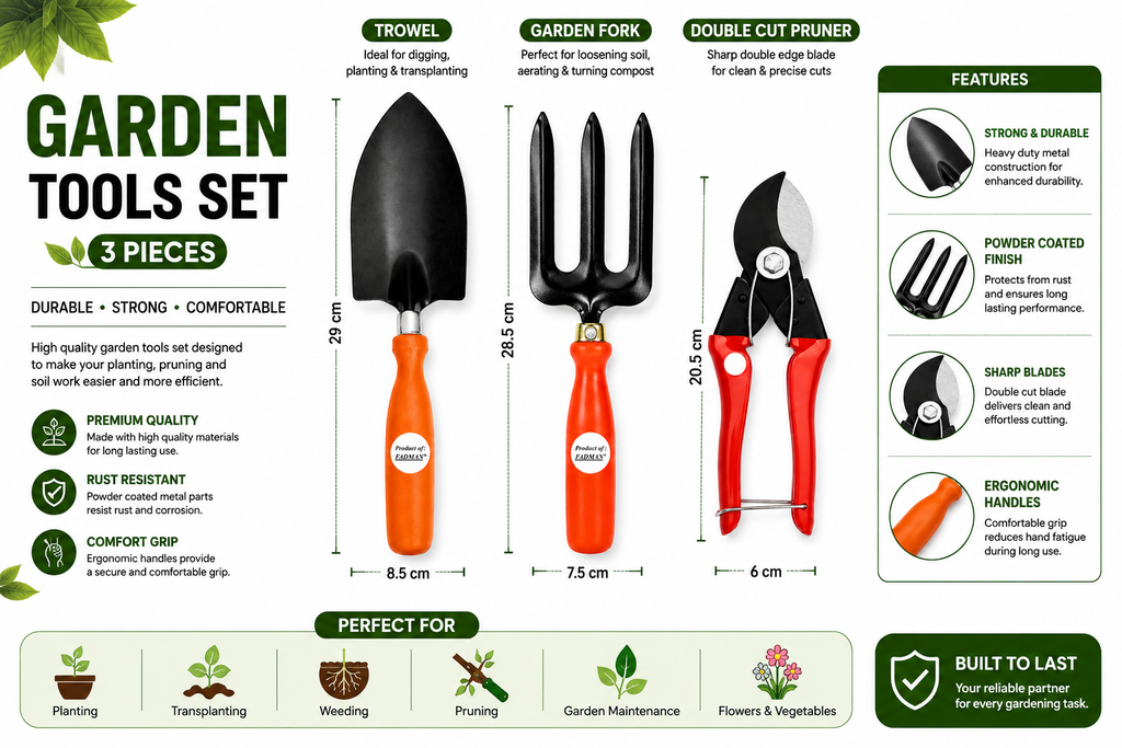 Garden Tools Set of 3 – Big Trowel, 3-Prong Garden Fork & Double Cut Pruner for Gardening, Planting, Soil Digging & Pruning