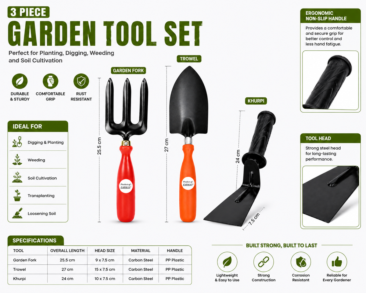 Garden Tool Set of 3 | Big Trowel, 3-Prong Garden Fork & Khurpa | Heavy-Duty Hand Tools for Gardening, Weeding, Digging & Soil Cultivation