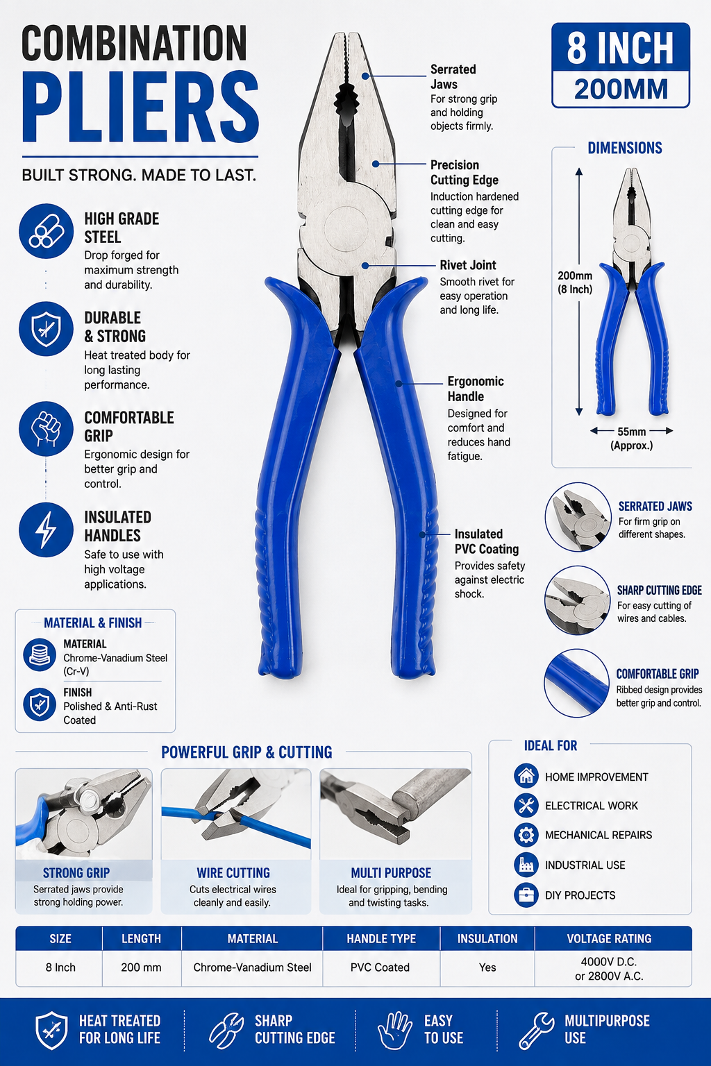Heavy Duty Combination Pliers with Non-Slip Grip Handle, Steel Jaw for Cutting, Gripping & Wire Stripping – Multipurpose Hand Tool for Home, Workshop & Electrical Work