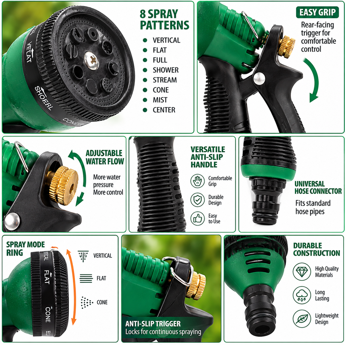 Heavy Duty Garden Hose Spray Nozzle with 8 Adjustable Spray Patterns, Water Flow Control, Hand-Free Clip & Anti-Slip Grip for Lawn, Garden & Car Cleaning