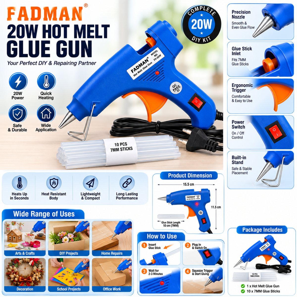 20W Hot Melt Glue Gun with 10 Pcs 7MM Glue Sticks | Mini Electric Adhesive Gun for DIY Crafts, Art, Repair & Home Projects (Blue)