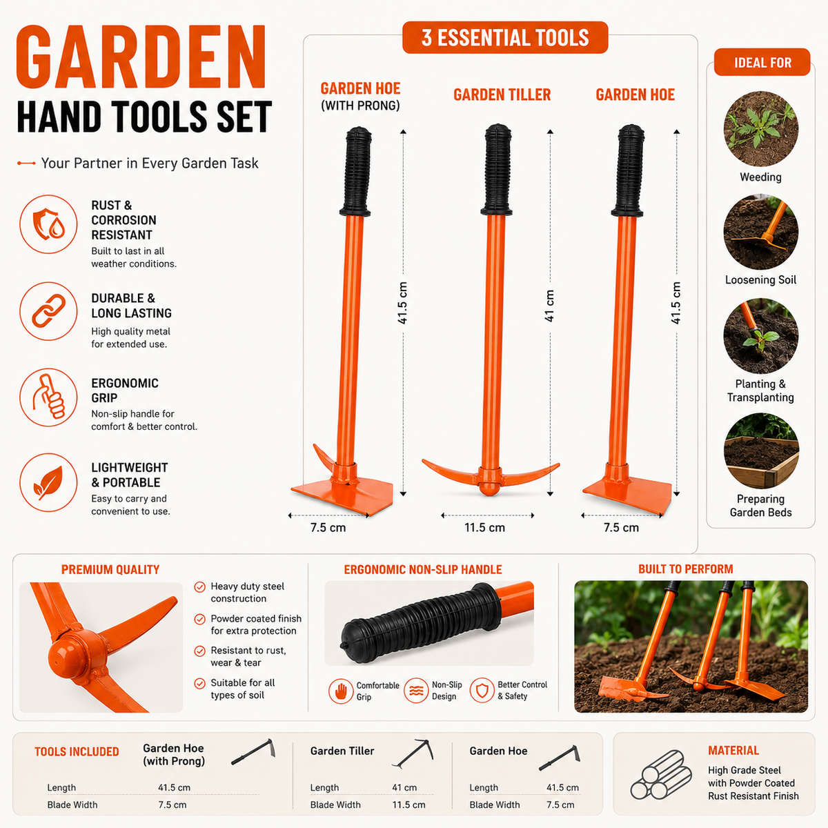 Heavy Duty Garden Hoe & Tiller Tool Set | 3-in-1 Hand Cultivator, Weeder & Soil Loosener | Long Handle Gardening Tool for Weeding, Cultivating & Soil Preparation