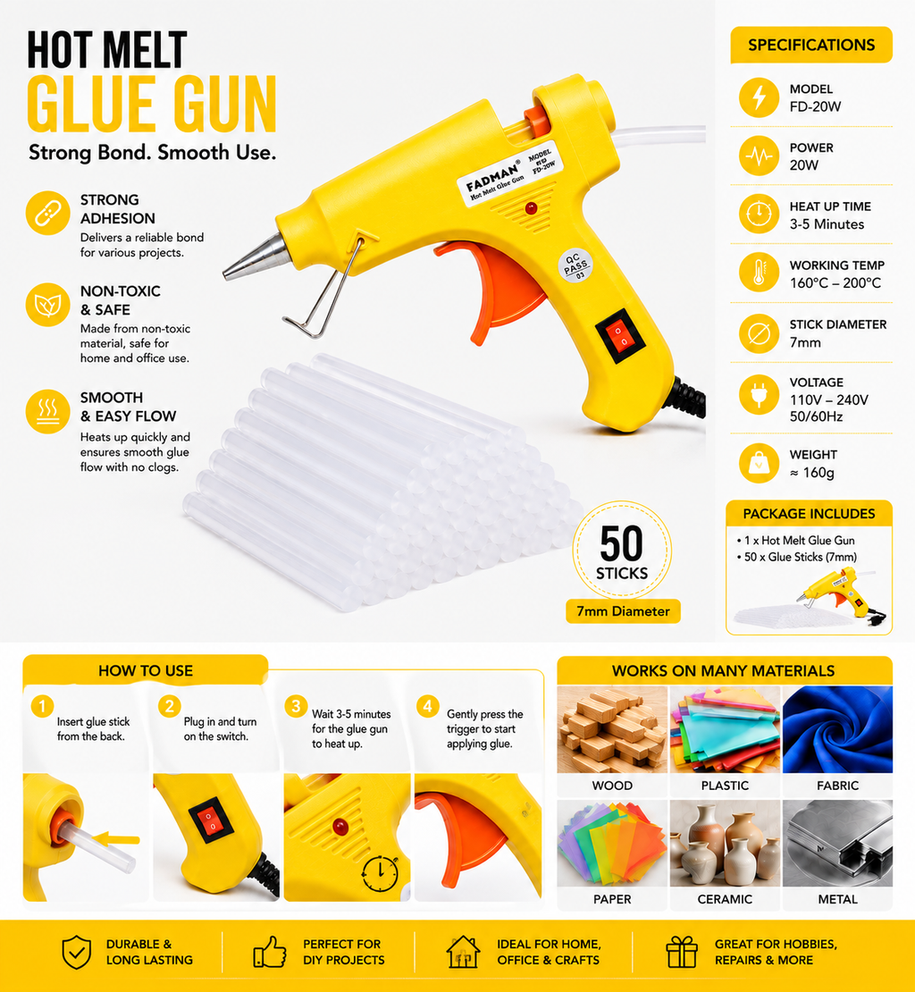 20W Hot Melt Glue Gun with 50 Pcs 7MM Glue Sticks | Mini Electric Adhesive Gun for DIY Crafts, Art, Repair & Home Projects (Yellow)