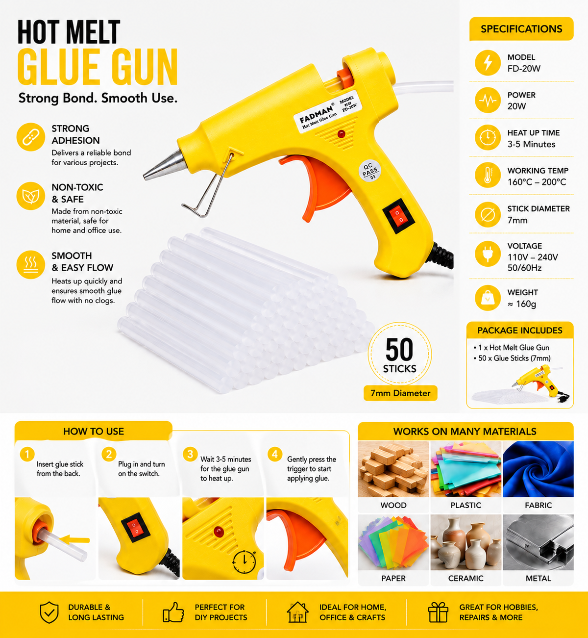 20W Hot Melt Glue Gun with 50 Pcs 7MM Glue Sticks | Mini Electric Adhesive Gun for DIY Crafts, Art, Repair & Home Projects (Yellow)