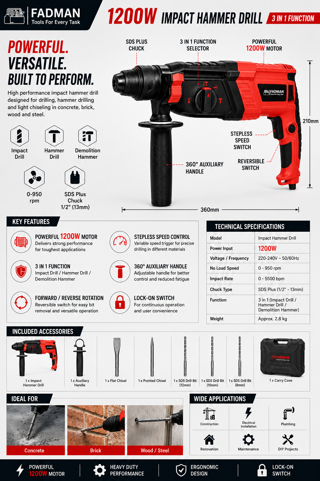 1200W 26mm Heavy Duty Rotary Hammer Drill Machine with SDS Plus Chuck, 3-in-1 Drilling, Hammering & Chiseling Modes, Auxiliary Handle, SDS Drill Bits & Chisels with Carry Case