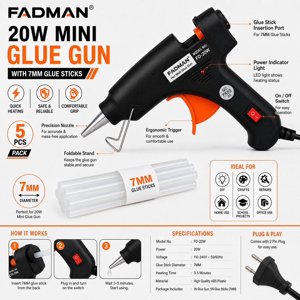 20W Hot Melt Glue Gun with 5 Pcs 7MM Glue Sticks | Mini Electric Adhesive Gun for DIY Crafts, Art, Repair & Home Projects (Black)