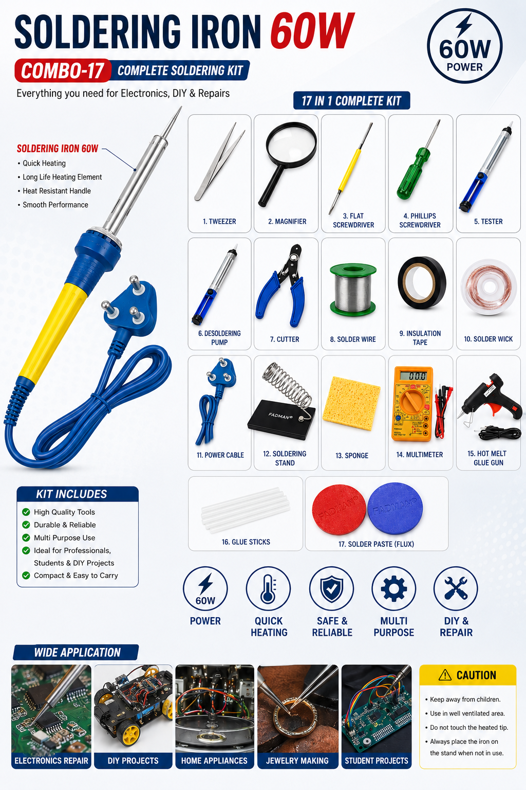60W SOLDERING IRON KIT PACK OF 17