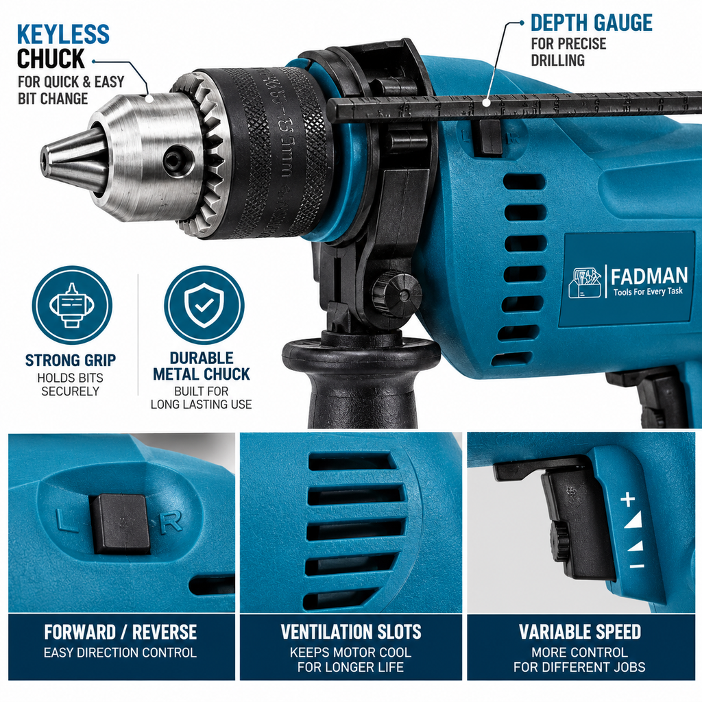 650W 13mm Electric Impact Drill Machine with Variable Speed, Forward & Reverse Function, Auxiliary Handle & Depth Gauge | 2800 RPM Heavy Duty Power Drill for Wood, Metal, Concrete & Home DIY