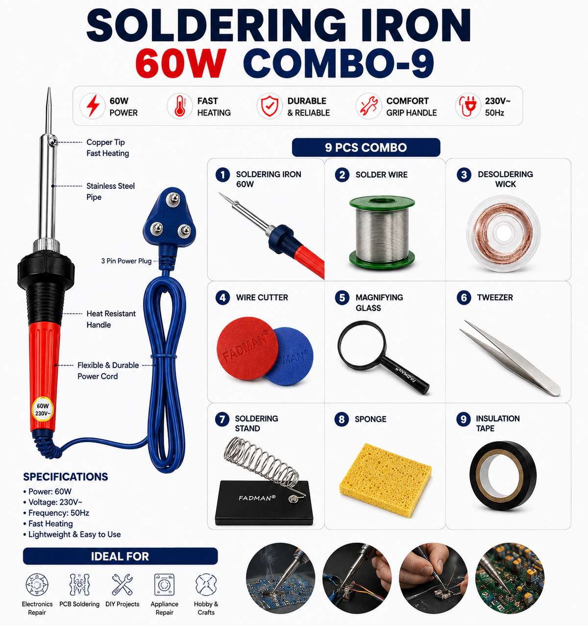 60W SOLDERING IRON KIT PACK OF 9