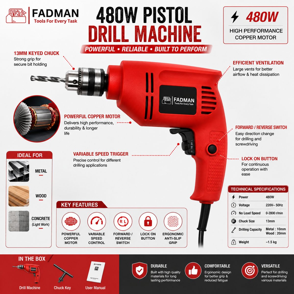 480W Electric Pistol Drill Machine with 10mm Chuck, Variable Speed Control, Forward & Reverse Function, Lock-On Button & Copper Motor for Wood, Metal, PVC & DIY Drilling