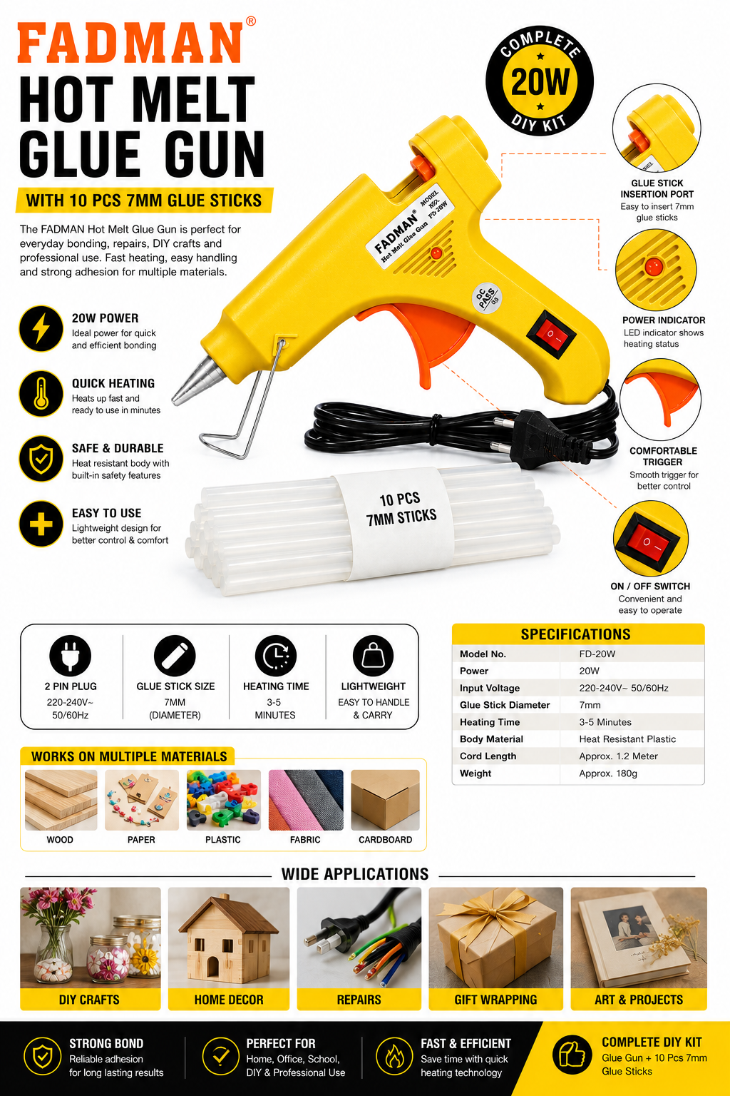20W Hot Melt Glue Gun with 10 Pcs 7MM Glue Sticks | Mini Electric Adhesive Gun for DIY Crafts, Art, Repair & Home Projects (Yellow)