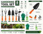 Garden Tools Set of 8 | Big Trowel, Small Trowel, Weeder, 3-Tine Cultivator, Khurpa, Pruning Cutter, Garden Fork & Gardening Gloves | Heavy Duty Gardening Tool Kit for Home, Lawn, Plants & Outdoor Use