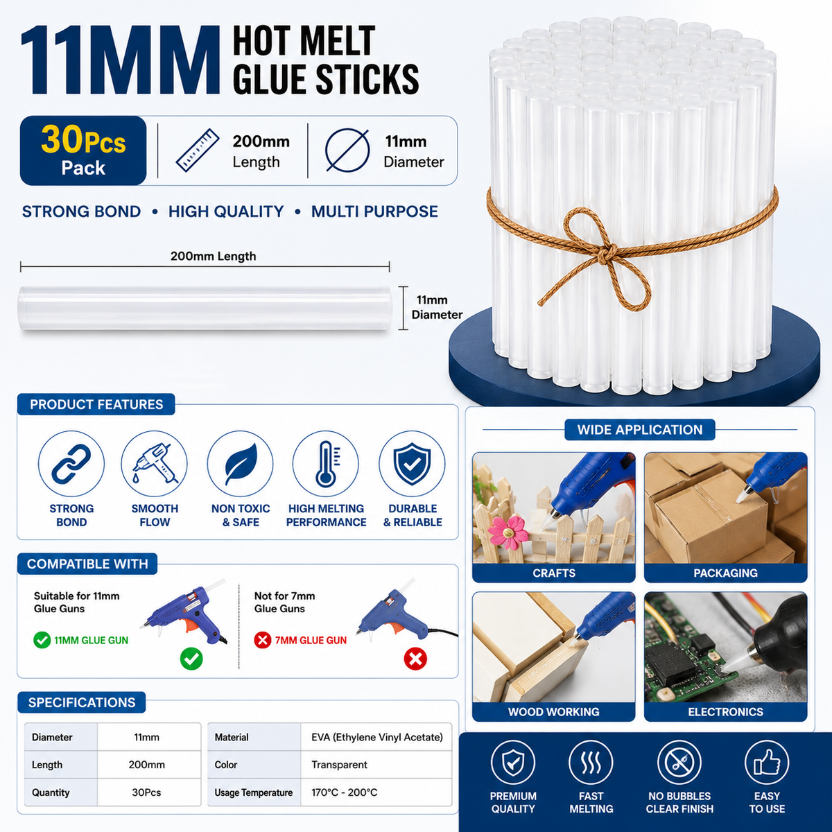 30 Pcs 11MM Hot Melt Glue Sticks, 7 Inch Transparent Adhesive Sticks for 40W to 150W Glue Guns, Strong Bonding for Craft, DIY, Repair & Decoration