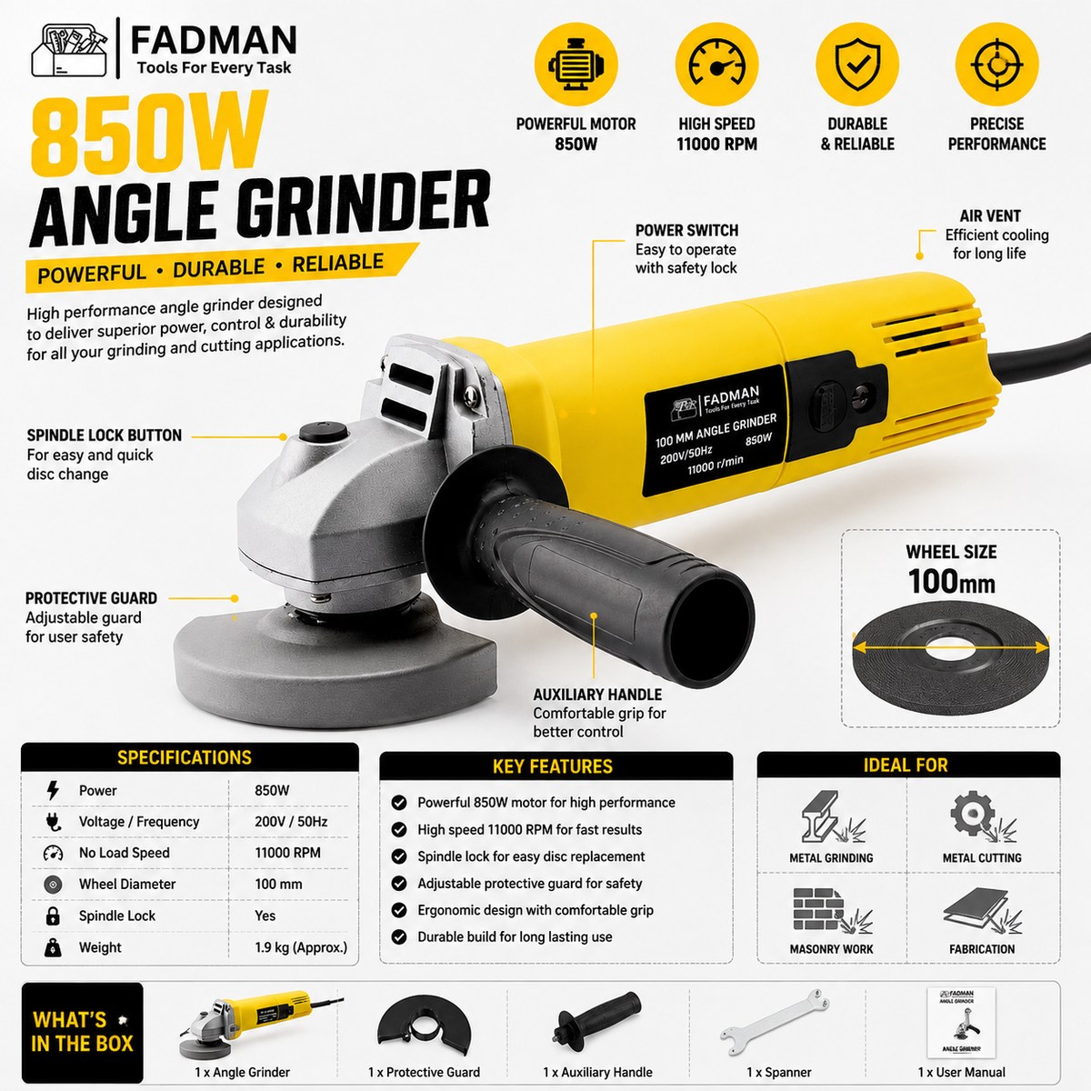 850W Angle Grinder 100mm Heavy Duty Electric Power Tool, 11000 RPM, Spindle Lock, Adjustable Protective Guard for Cutting, Grinding & Polishing (Yellow)