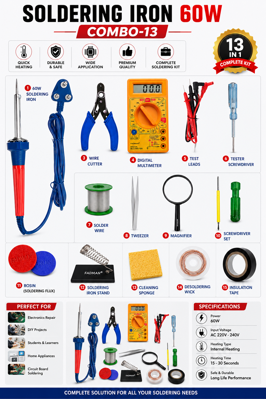 60W SOLDERING IRON KIT PACK OF 13