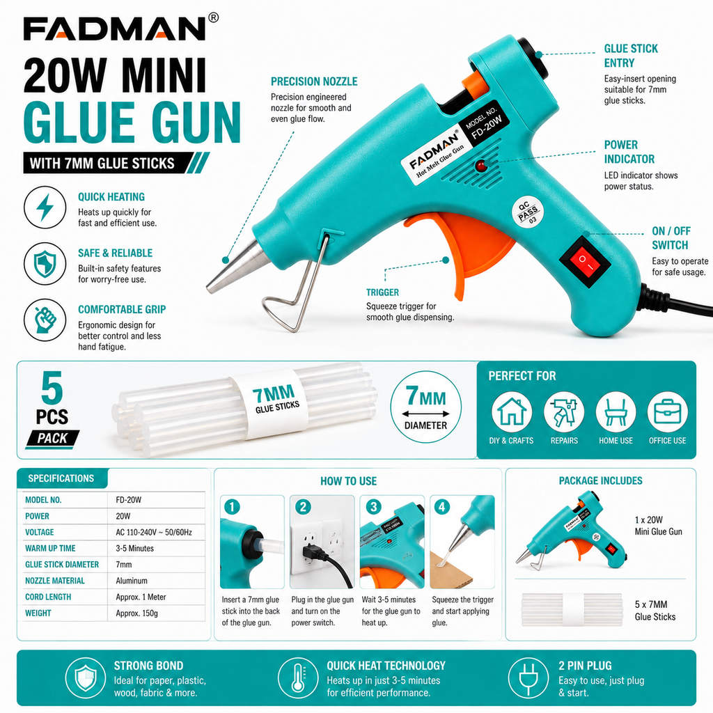 20W Hot Melt Glue Gun with 5 Pcs 7MM Glue Sticks | Mini Electric Adhesive Gun for DIY Crafts, Art, Repair & Home Projects (Turquoise)