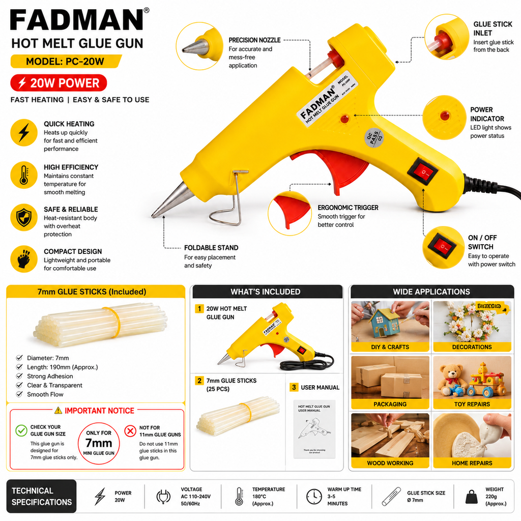 20W Hot Melt Glue Gun with 25 Pcs 7MM Glue Sticks | Mini Electric Adhesive Gun for DIY Crafts, Art, Repair & Home Projects (Yellow)
