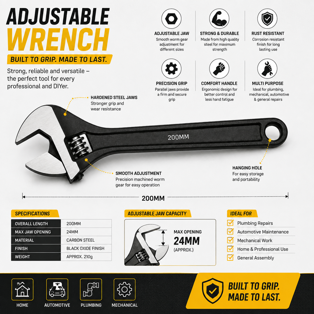 200MM Adjustable Wrench, Heavy Duty Adjustable Spanner with Chrome Finish, Wide Jaw for Plumbing, Automotive, Mechanical & DIY Work