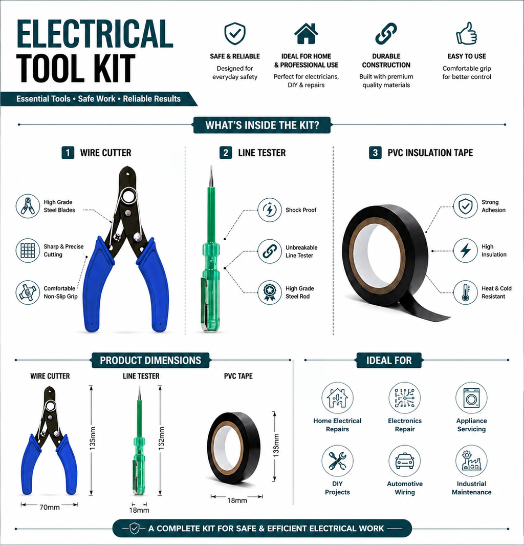 3-in-1 Electrical Tool Kit – Voltage Tester Screwdriver, Wire Cutter & Insulation Electrical Tape for Home, Electrician & Repair Work