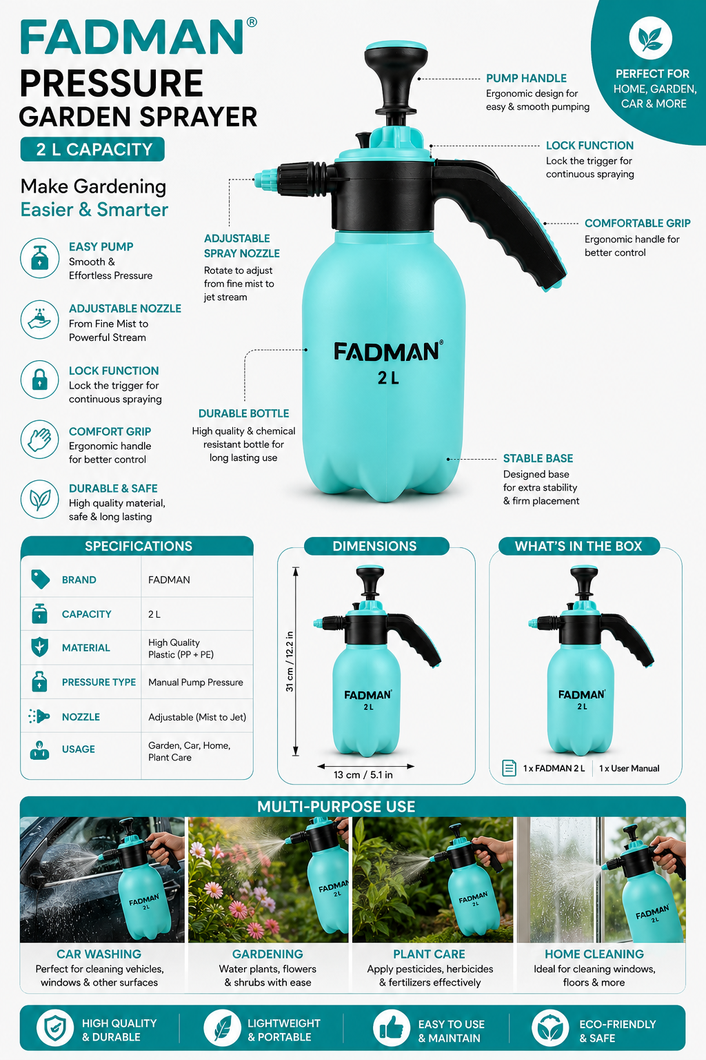 2 L Pressure Garden Sprayer with Adjustable Nozzle, Manual Pump, Lockable Trigger & Ergonomic Handle for Gardening, Plant Care, Car Washing & Home Cleaning