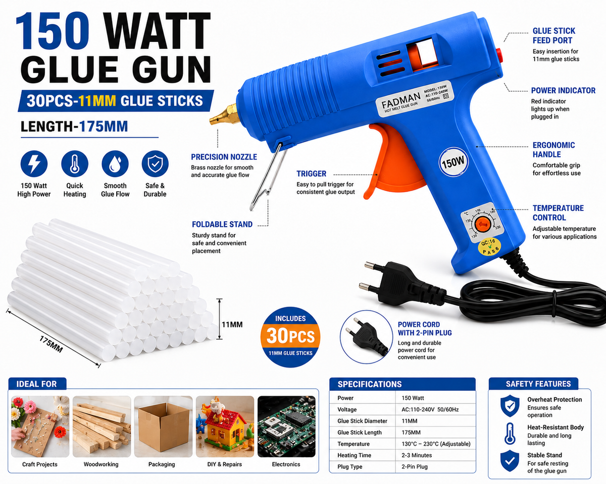 150W Hot Melt Glue Gun with 30 Pcs 11MM Glue Sticks | High Temperature Electric Adhesive Gun for DIY, Craft, Repair, Art & Home Projects