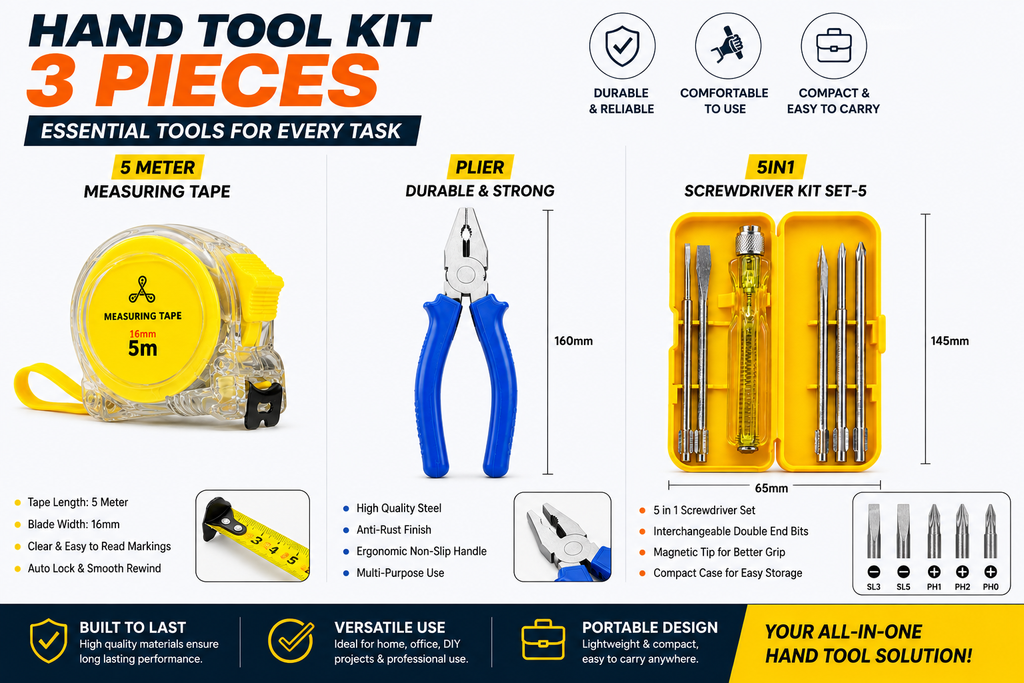 3-in-1 Hand Tool Kit with Combination Plier, 5-in-1 Interchangeable Screwdriver Set & 5 Meter Measuring Tape for Home, DIY & Repair Work