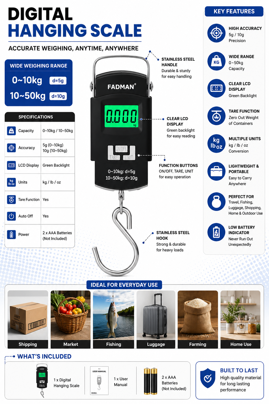 Digital Hanging Weighing Scale 50kg, Portable Luggage Weight Machine with S-Hook, LCD Display, High Accuracy Electronic Weighing Scale for Bags, Parcels & Household Use