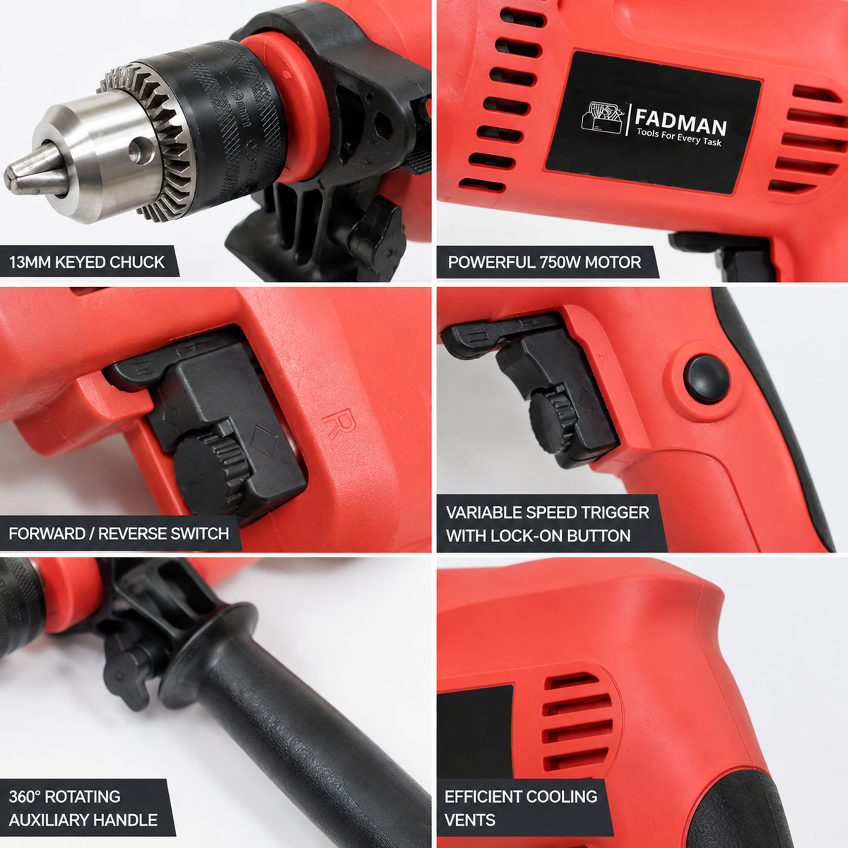 750W Electric Impact Drill Machine with 13mm Chuck, Variable Speed, Forward & Reverse Function, Hammer & Drill Mode, Auxiliary Handle and Depth Gauge for Concrete, Metal, Wood & Wall Drilling
