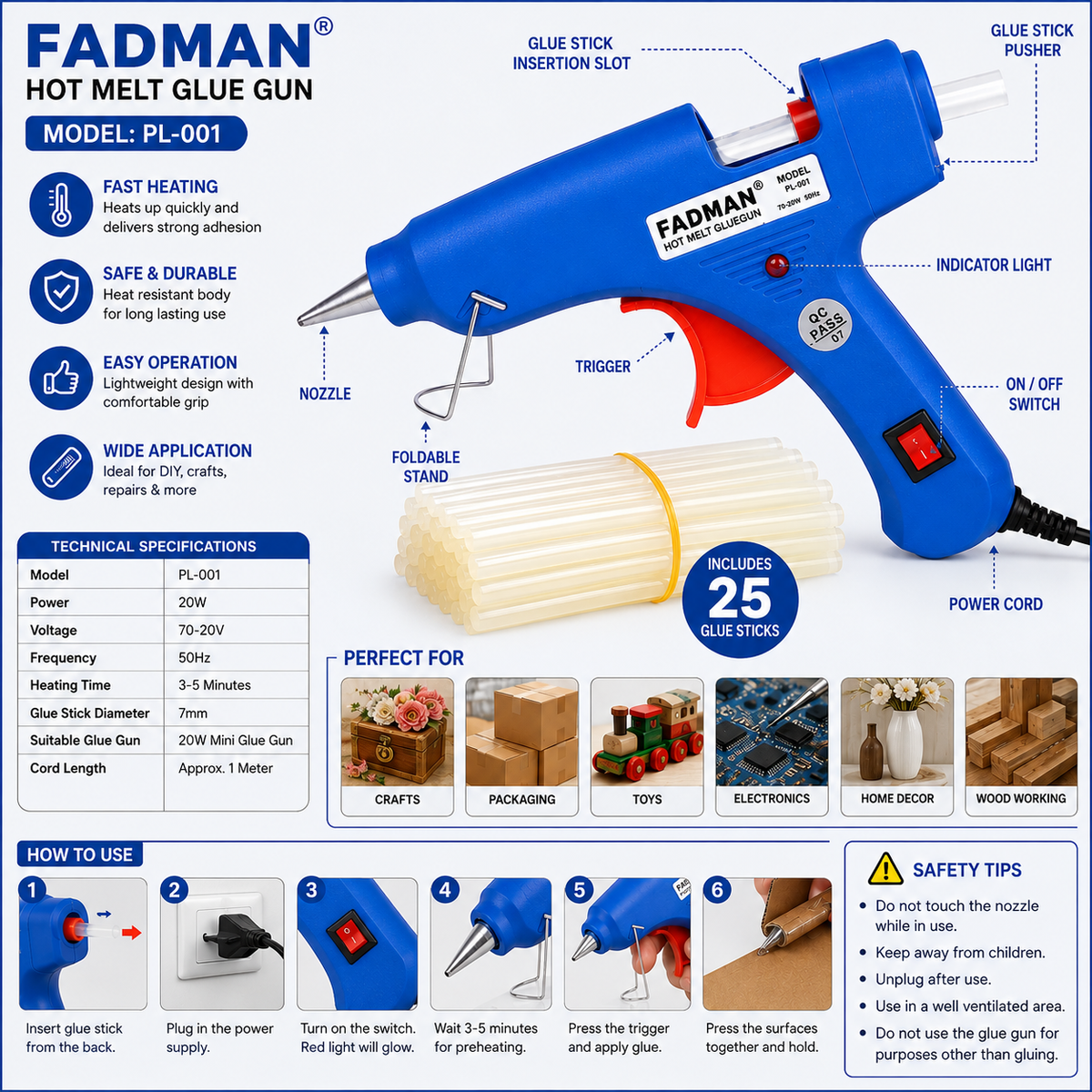 20W Hot Melt Glue Gun with 25 Pcs 7MM Glue Sticks | Mini Electric Adhesive Gun for DIY Crafts, Art, Repair & Home Projects (Blue)