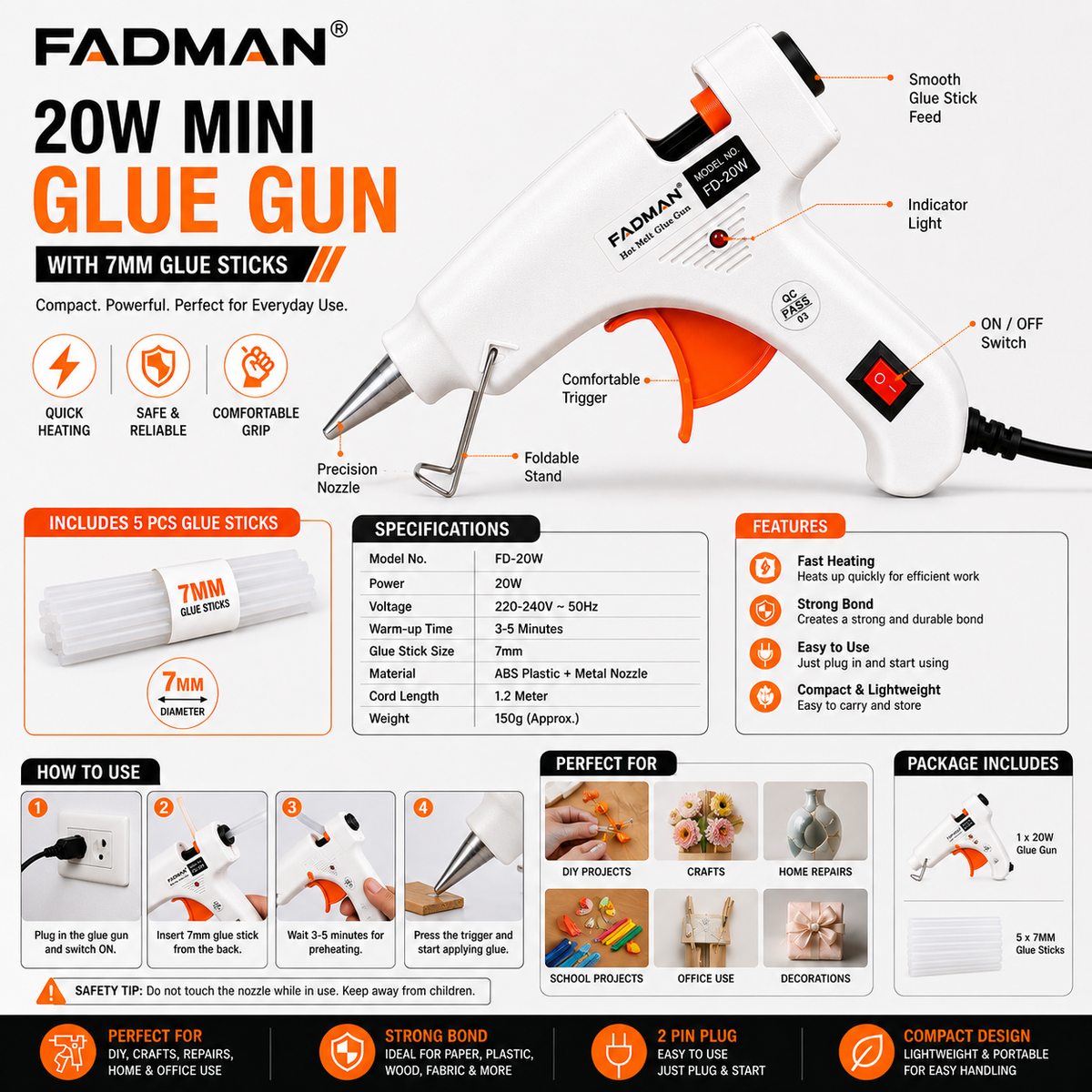 20W Hot Melt Glue Gun with 5 Pcs 7MM Glue Sticks | Mini Electric Adhesive Gun for DIY Crafts, Art, Repair & Home Projects (White)