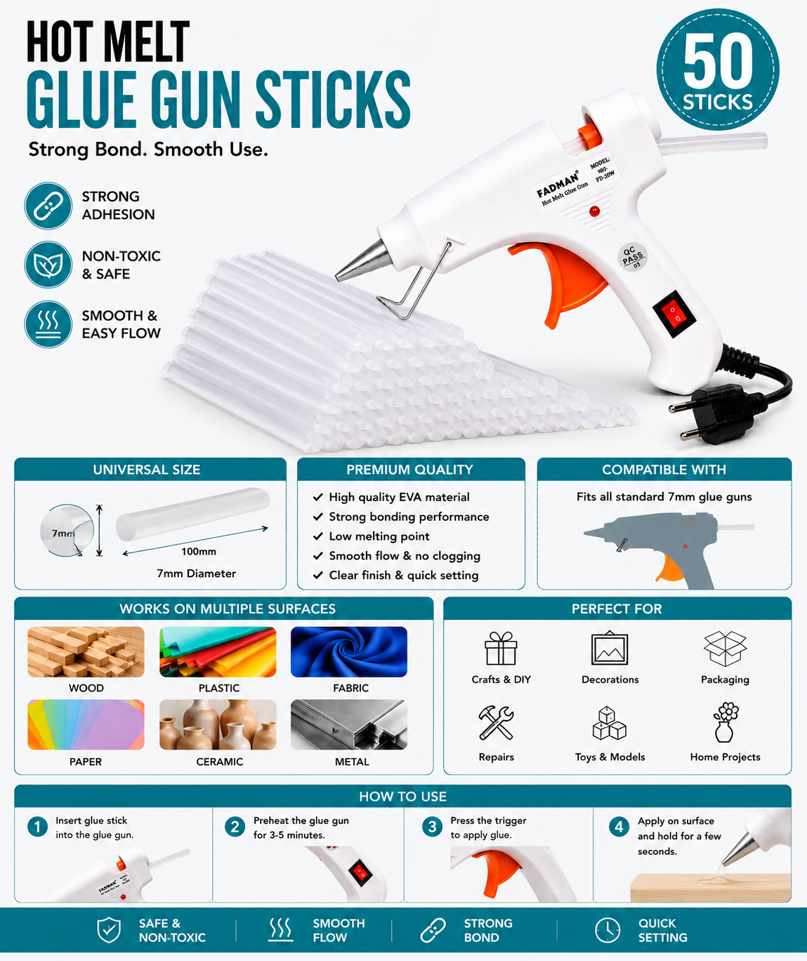 20W Hot Melt Glue Gun with 50 Pcs 7MM Glue Sticks | Mini Electric Adhesive Gun for DIY Crafts, Art, Repair & Home Projects (White)