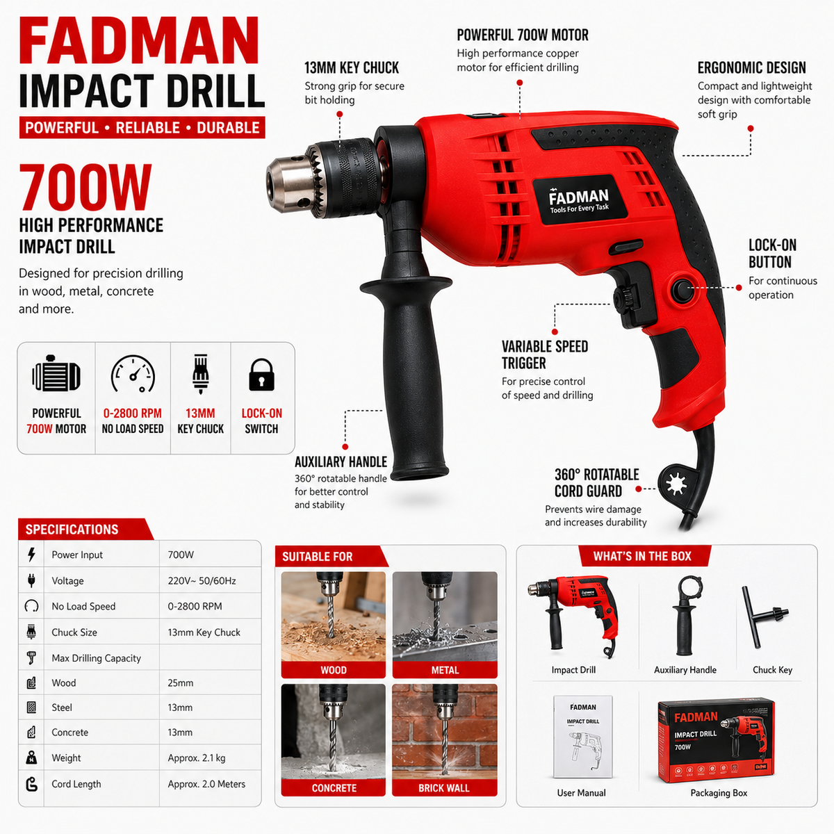 700W Electric Impact Drill Machine with Auxiliary Handle | 13mm Heavy Duty Chuck | Variable Speed & Forward/Reverse Function | Powerful Drilling Machine for Wood, Metal, Wall & Home DIY Use
