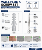 Wall Plugs & Screws Set – 10 Pcs Wall Anchors with Screws