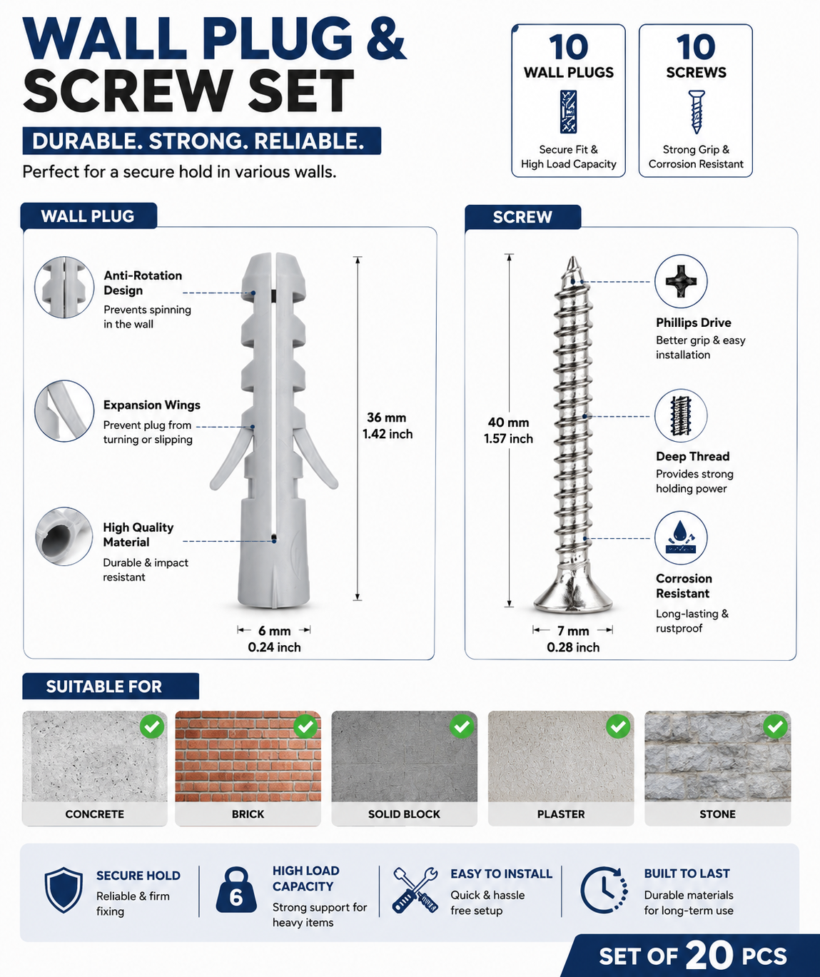 Wall Plugs & Screws Set – 10 Pcs Wall Anchors with Screws