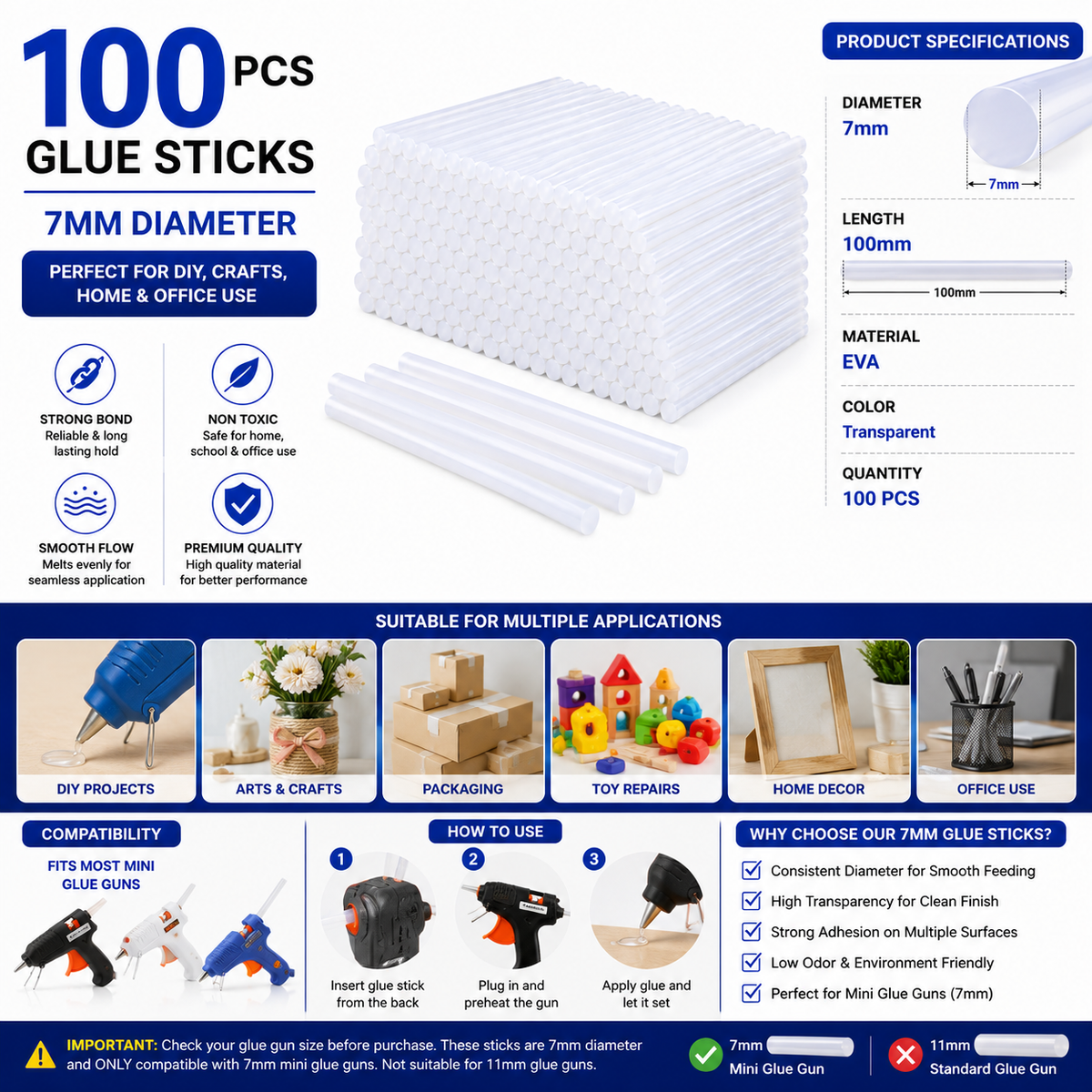 100 Pcs 7mm Transparent Hot Melt Glue Sticks for 20W Mini Glue Gun – Strong Adhesive Sticks for Craft, DIY, Art, Repair & Decoration