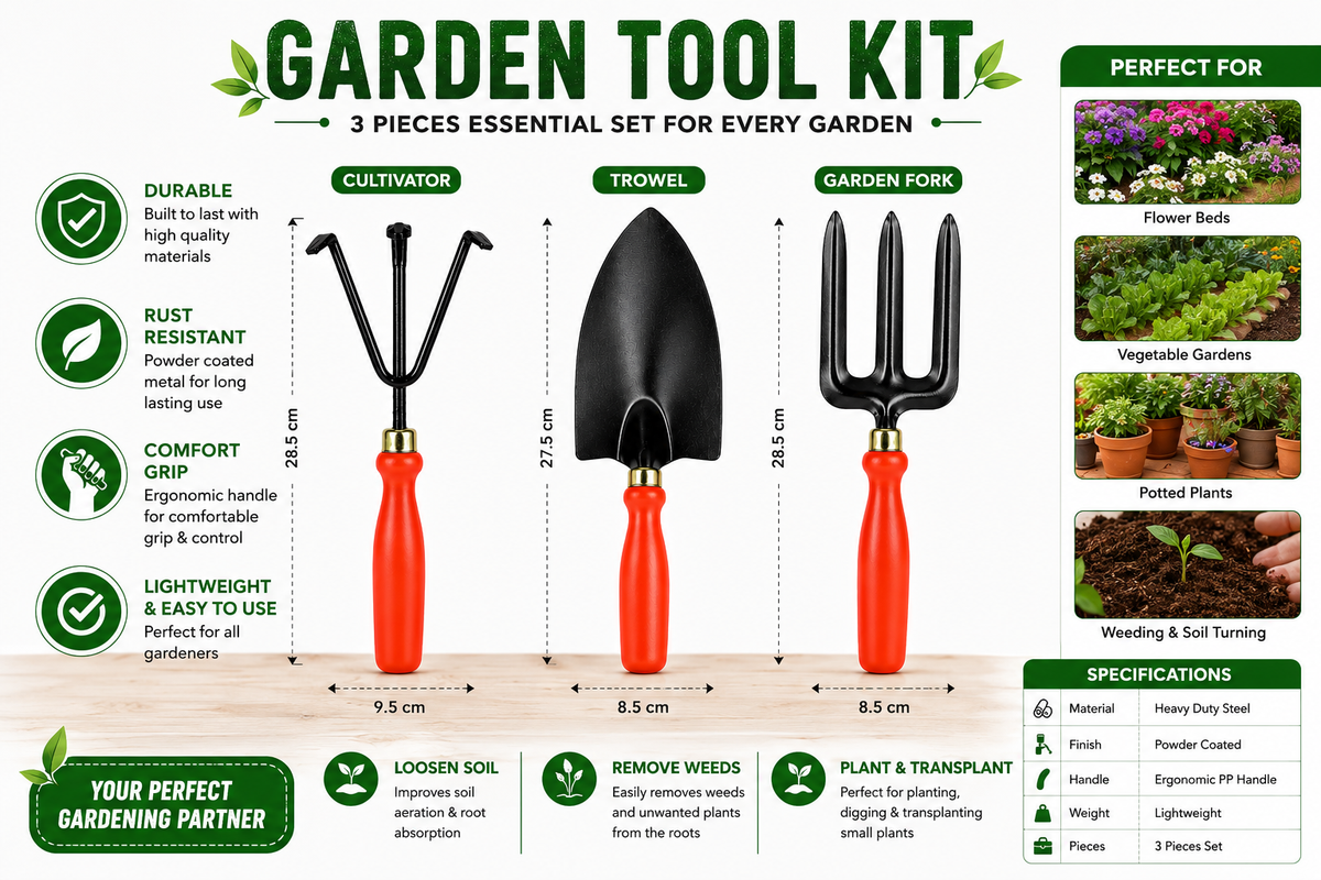 3 Pcs Gardening Hand Tools Set – Cultivator, Big Trowel & Garden Fork for Soil Digging, Loosening, Planting & Gardening