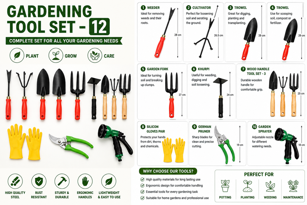 Garden Tools Set of 12 | Big Trowel, Small Trowel, 3-Prong Cultivator, Garden Fork, Weeder, Khurpa, Pruning Cutter, Water Spray Nozzle & Gardening Gloves | Heavy Duty Gardening Tool Kit for Home, Lawn, Plants & Outdoor Use