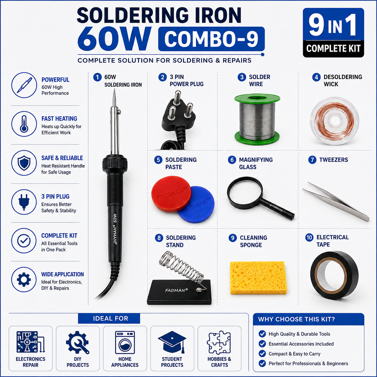 60W SOLDERING IRON KIT PACK OF 9