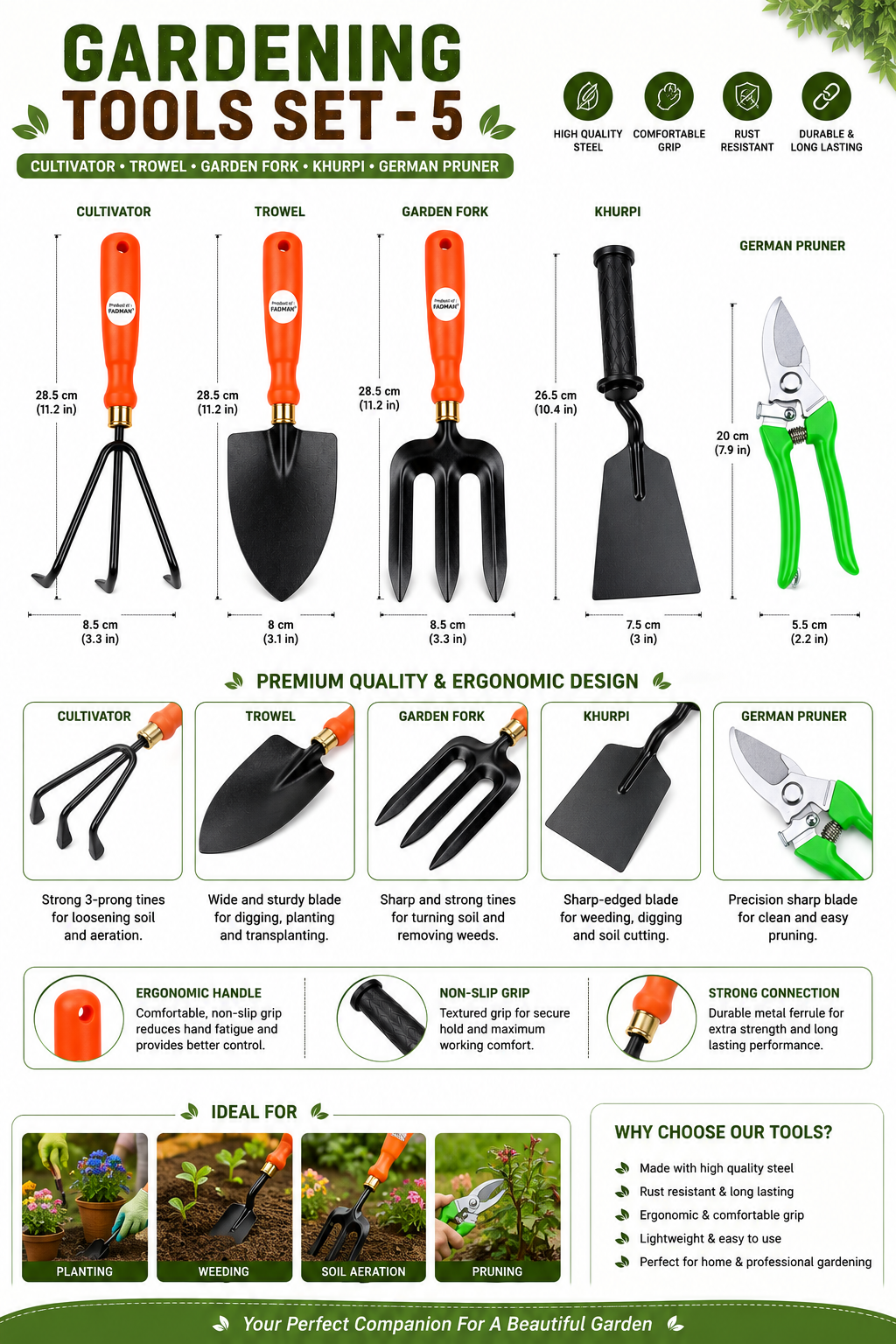 Garden Tools Set of 5 | Garden Fork, Khurpa, Hand Trowel, Pruning Cutter & Cultivator | Heavy Duty Gardening Tools for Home, Lawn, Plants & Outdoor Use