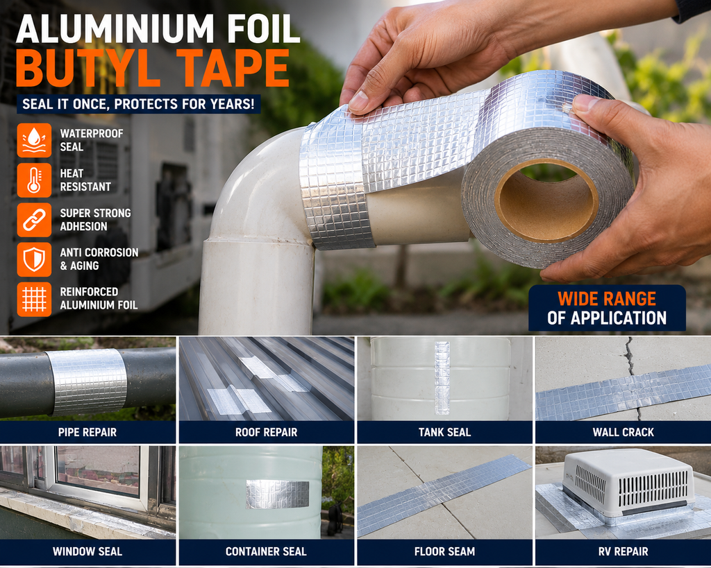 Aluminium Foil Waterproof Repair Tape 5cm x 5M, Self Adhesive Heavy Duty Leak Sealing Tape for Roof, Wall, Floor, Metal, Window, Pipe & Container Repair