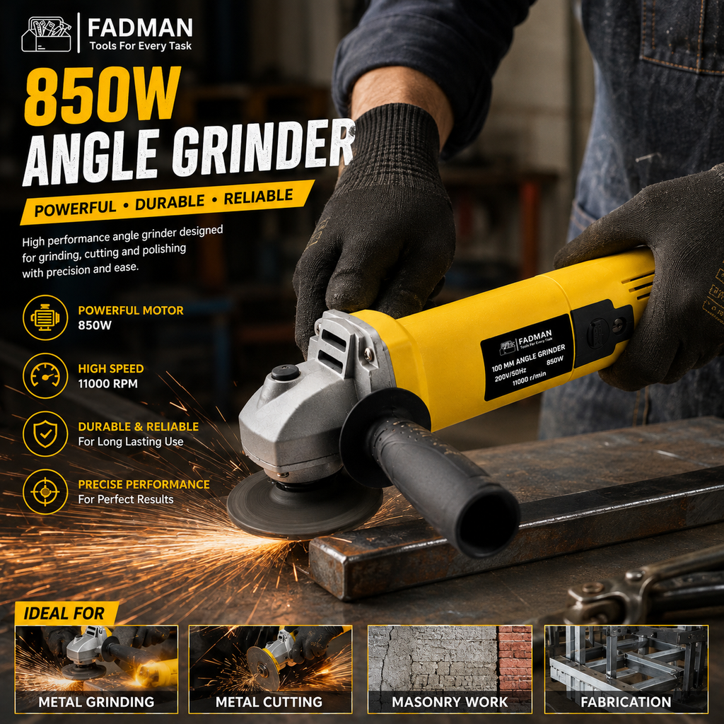 850W Angle Grinder 100mm Heavy Duty Electric Power Tool, 11000 RPM, Spindle Lock, Adjustable Protective Guard for Cutting, Grinding & Polishing (Yellow)