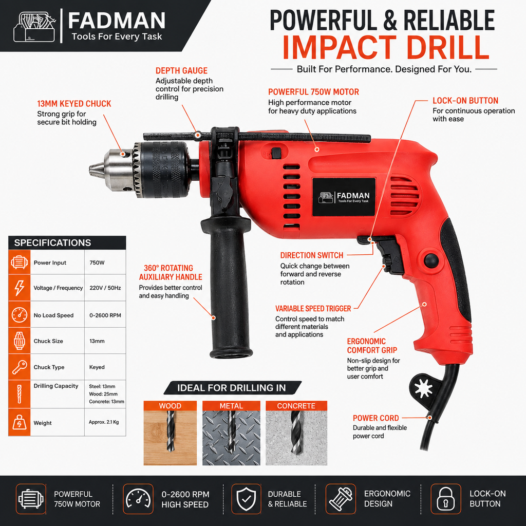 750W Electric Impact Drill Machine with 13mm Chuck, Variable Speed, Forward & Reverse Function, Hammer & Drill Mode, Auxiliary Handle and Depth Gauge for Concrete, Metal, Wood & Wall Drilling