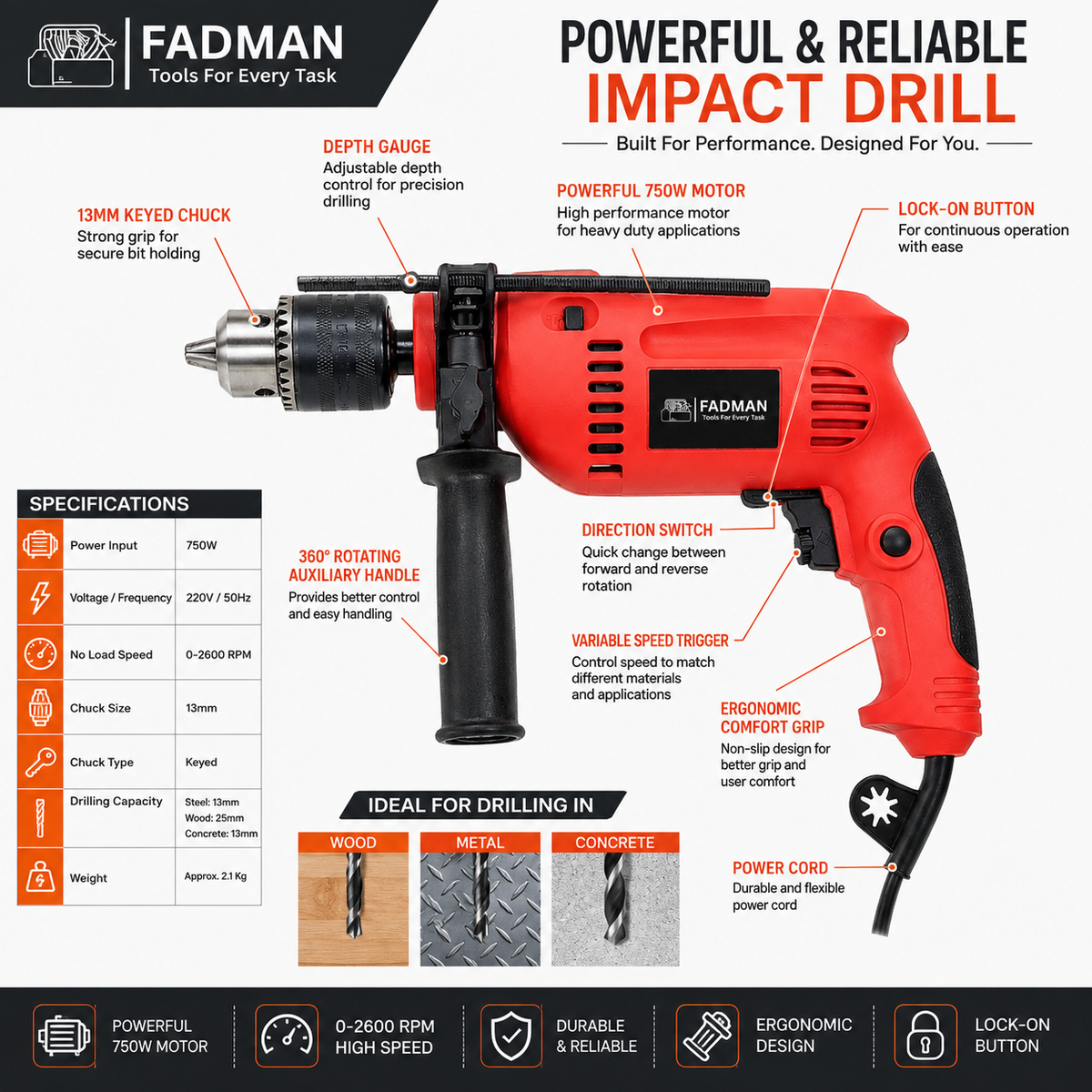 750W Electric Impact Drill Machine with 13mm Chuck, Variable Speed, Forward & Reverse Function, Hammer & Drill Mode, Auxiliary Handle and Depth Gauge for Concrete, Metal, Wood & Wall Drilling